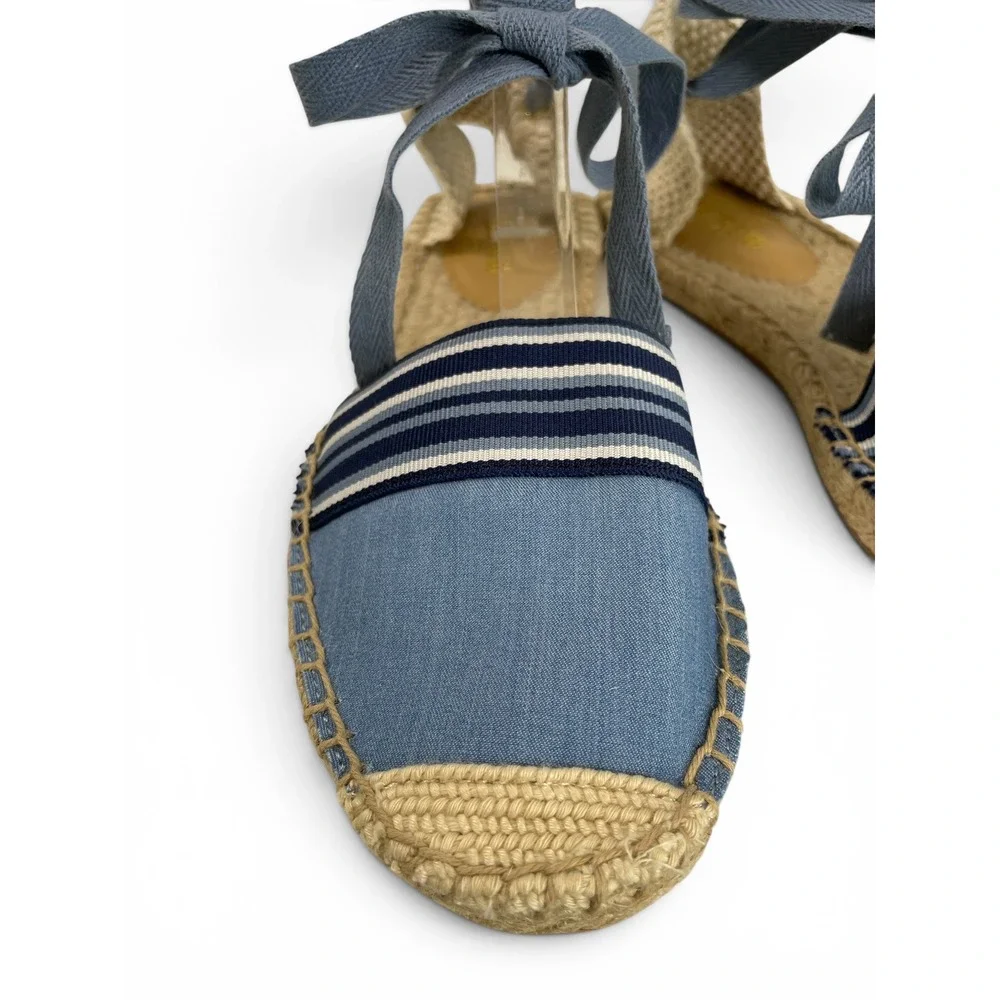 J.Crew Canvas Ankle Tie Espadrille Flats Womens‎ 8 Blue Chambray Stripe NWOB